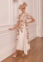 66782B-printed-crepe-flutter-sleeve-dress Mocha Ecru John harles image