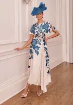 66782B-printed-crepe-flutter-sleeve-dress_ Ecru Teal John Charles image